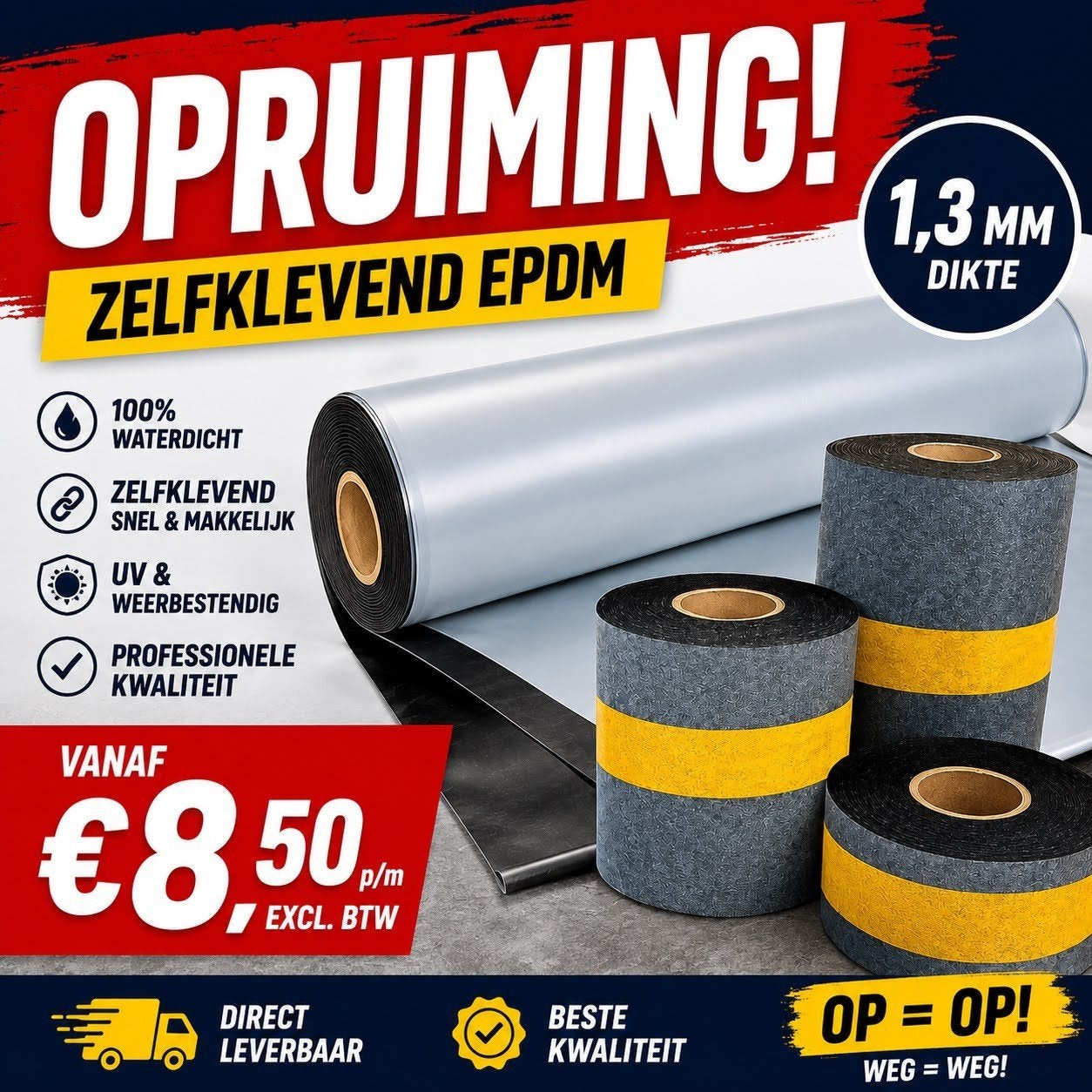 DOE HET ZELF DAKBEDEKKING! Zelfklevende EPDM 1,3mm € 8,50m, Ophalen, Overige materialen, Zwart, Nieuw