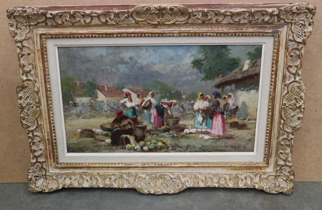 Aladár PÁDLY,  een drukke marktdag, Ophalen of Verzenden, Gesigneerd, Olieverf, Paneel