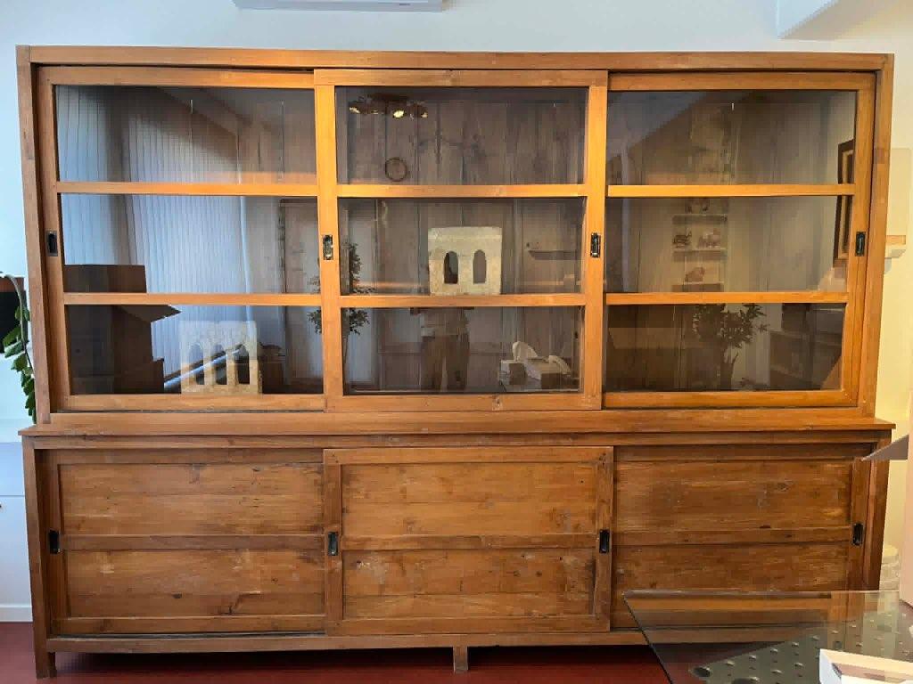 Prachtige Vitrinekast Teak (3m) - 2-delig met schuifdeuren, Huis en Inrichting, Ophalen, 200 cm of meer, Glas, Landelijk