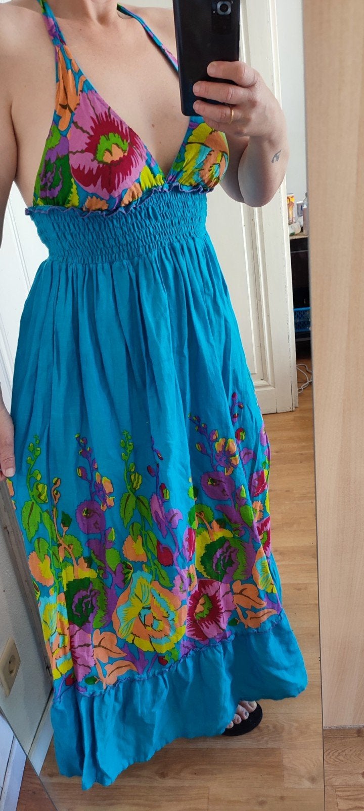 Lange blauwe bloemenjurk | Elastische rug | Gevoerd | Gescha, Kleding | Dames, Gedragen, Maat 38/40 (M), Overige kleuren
