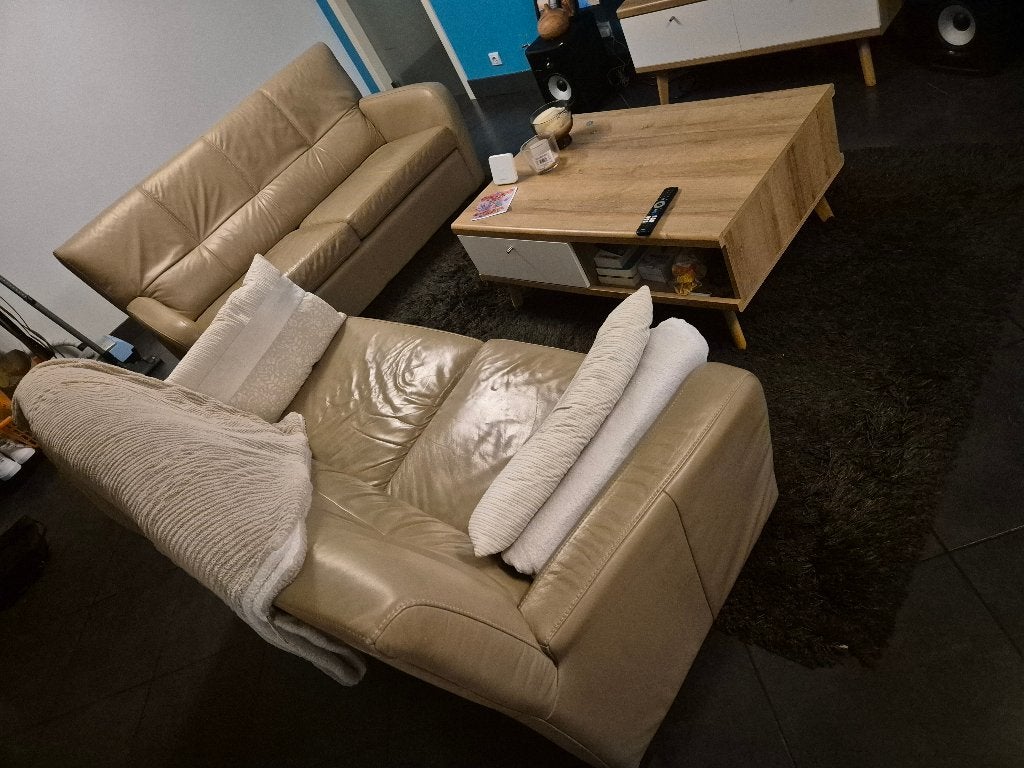 Twee lederen 2-zitszetels in goede staat. Kleur taupe/beige., Ophalen, Gebruikt, 150 tot 200 cm, Tweepersoons