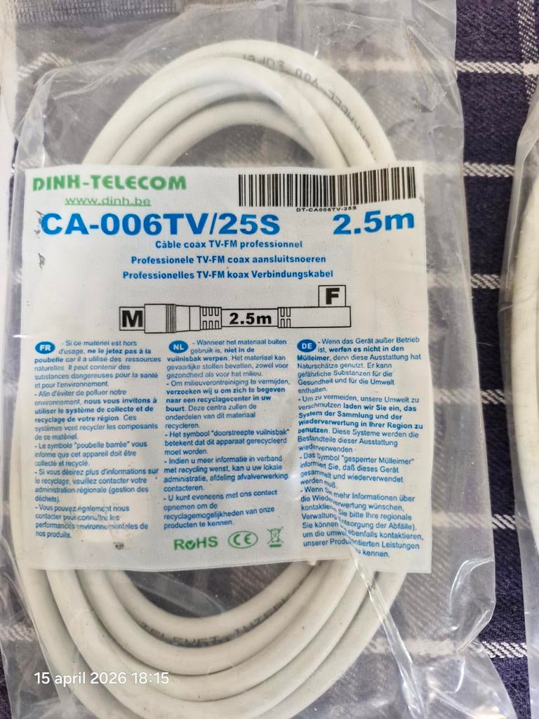 Coax kabel 2.5m, Audio, Tv en Foto, Audiokabels en Televisiekabels, Ophalen of Verzenden, Nieuw, 2 tot 5 meter, Coaxiale kabel
