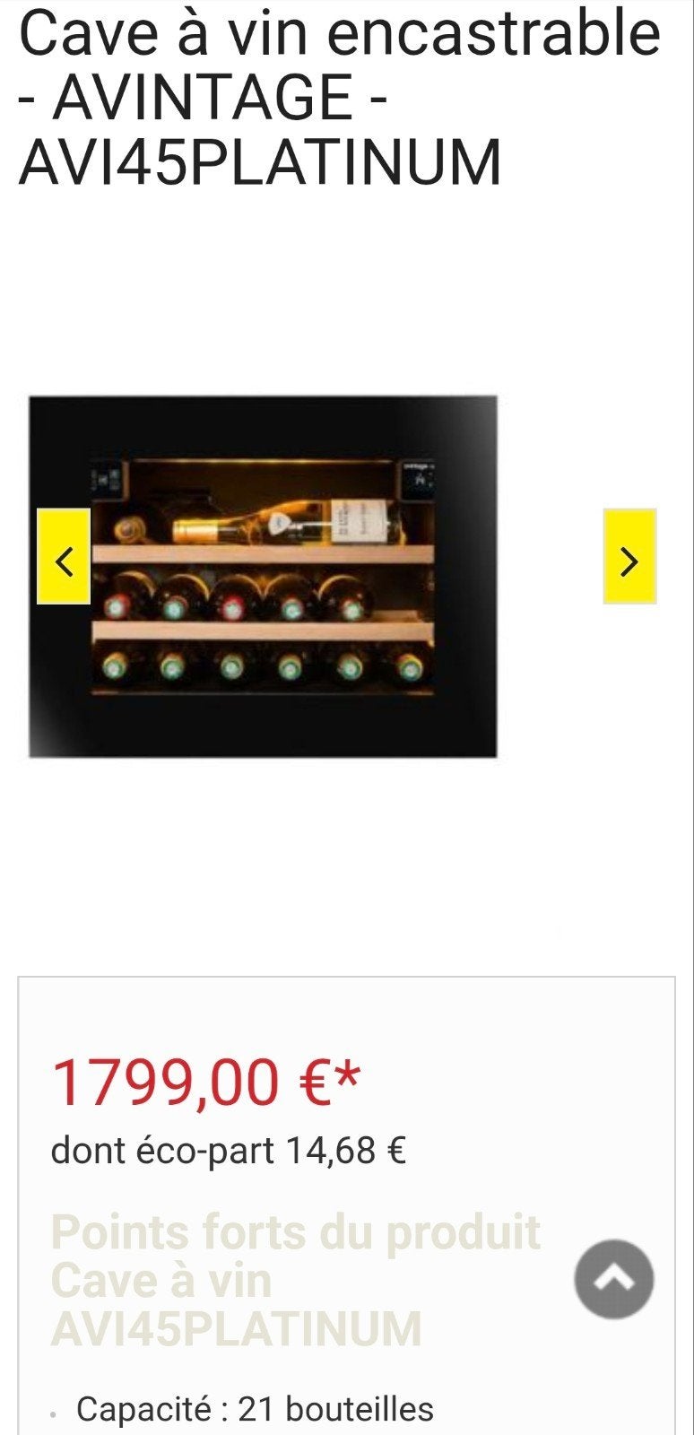 Cave à vin intégrable 45cm intégrable, Enlèvement