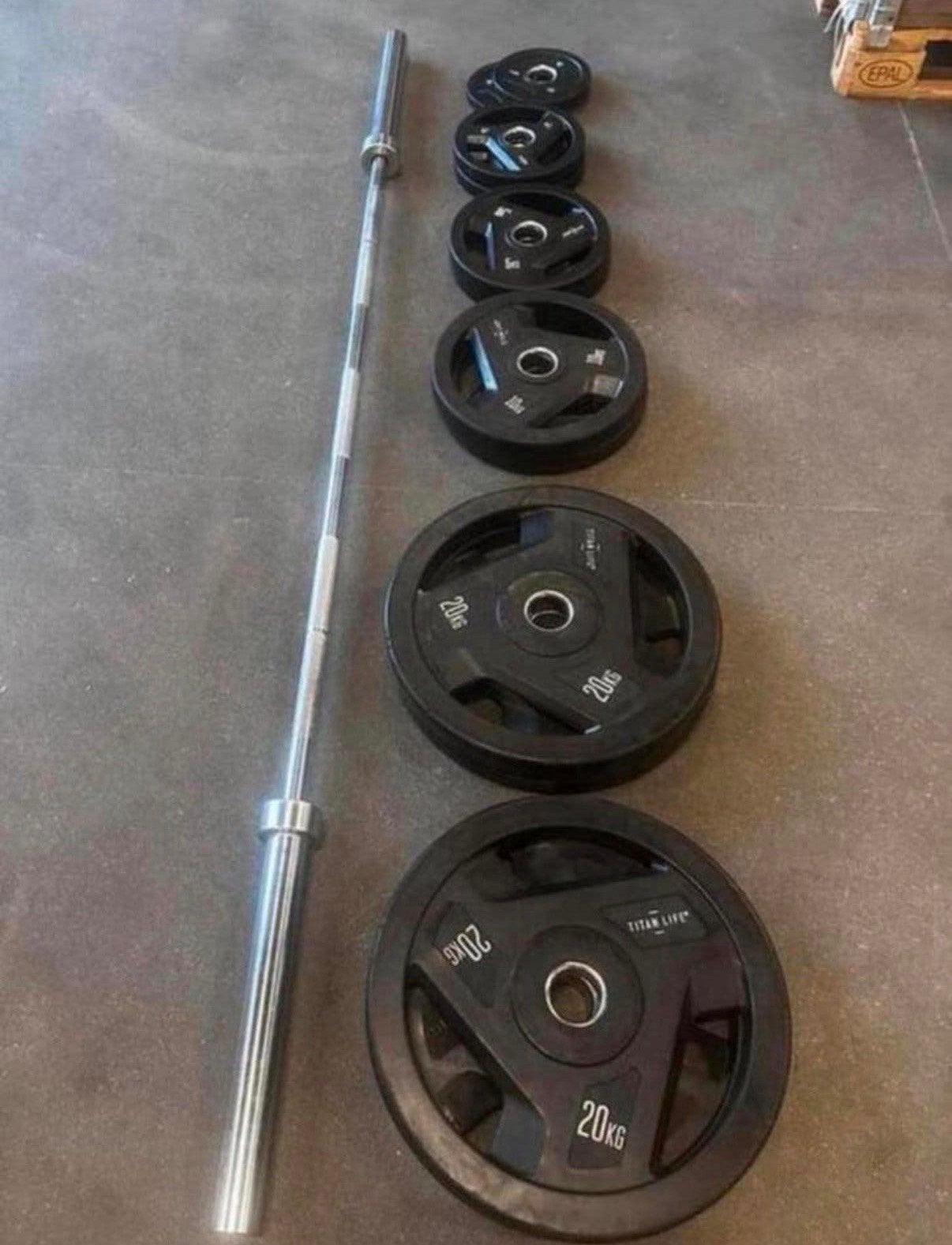 117,5kg Rubberen Olympische Gewichten + Olympische Barbell, Ophalen, Gebruikt