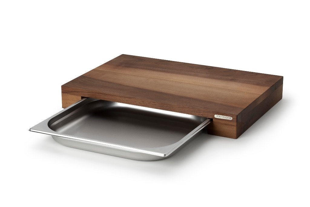 Nieuw | snijplank met inox lade Notelaar 48 x 32,5 x 6 cm, Ophalen of Verzenden, Nieuw, Rechthoekig, Overige materialen