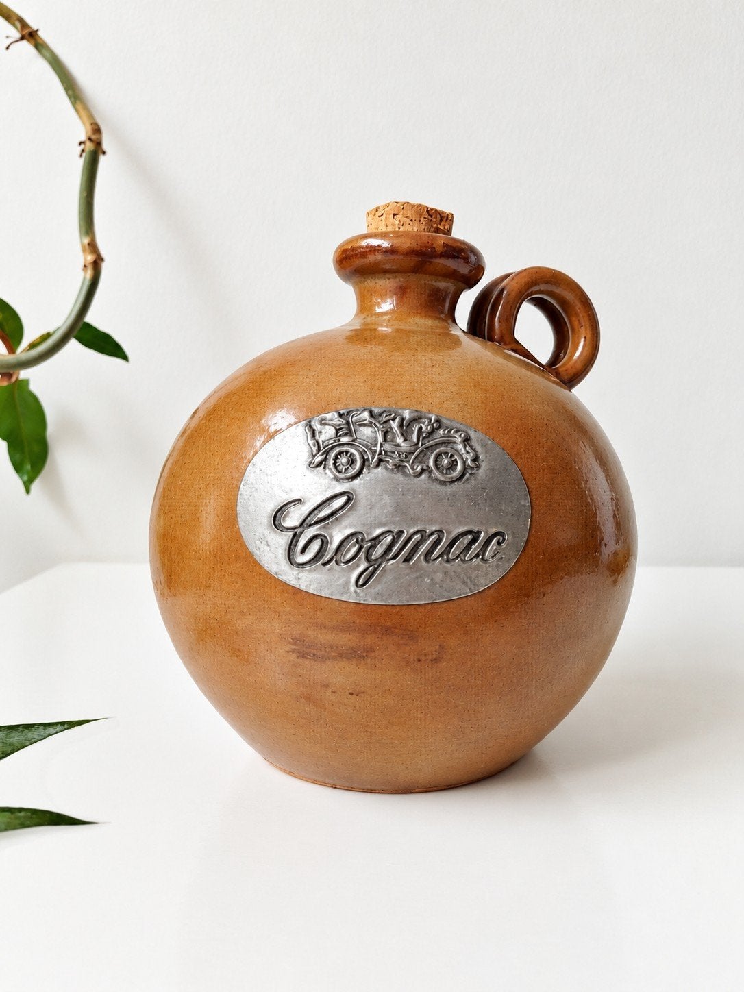 Bouteille en grès vintage « Cognac », Avec couvercle, Comme neuf, Autres matériaux, Marron