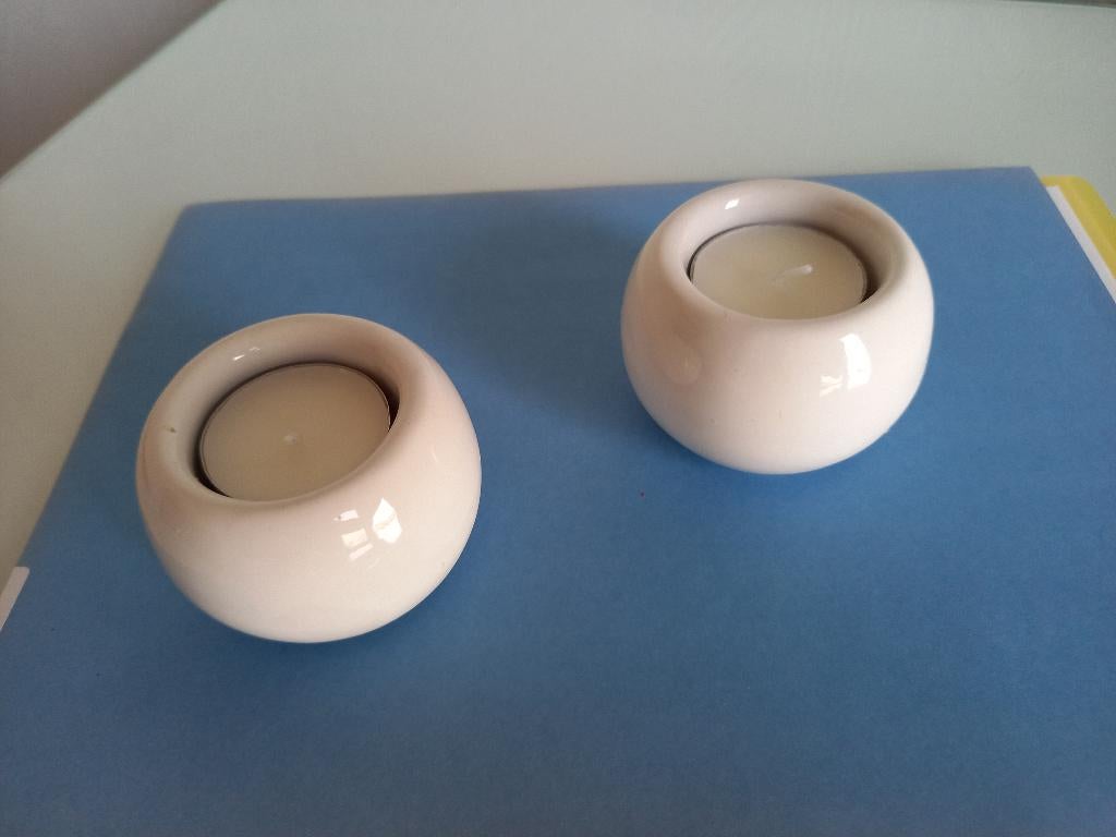 2 stenen theelichthoudettjes, Overige materialen, Gebruikt, Wit, Ophalen of Verzenden