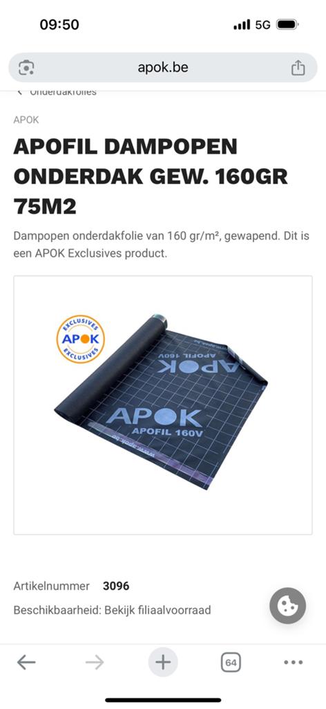 Apok 160 V onderdag / dampscherm, Doe-het-zelf en Bouw, Isolatie en Afdichting, Ophalen, Zo goed als nieuw