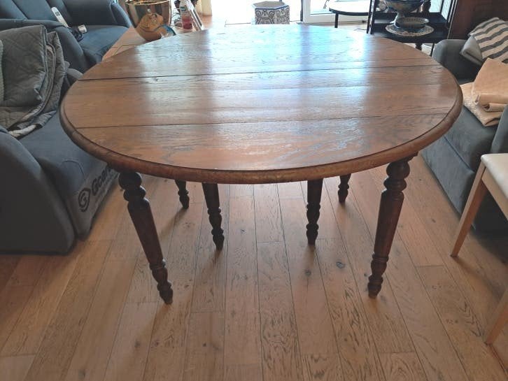 RESERVEREN! Ronde eikenhouten tafel van 120 cm, 2 kleppen e, Huis en Inrichting, Ophalen, Gebruikt, Vijf personen of meer, Rustique