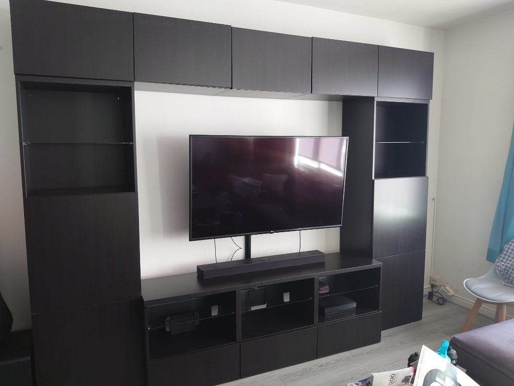 Grote IKEA BESTÅ tv-wandkast in zwartbruin, Ophalen, Gebruikt, 200 cm of meer, 200 cm of meer