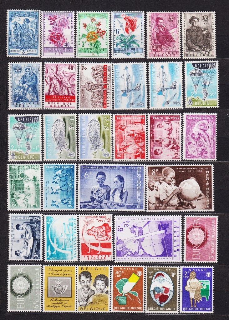 Belgique 1960 année complète sans bloc, Envoi, Non oblitéré, Trace d'autocollant