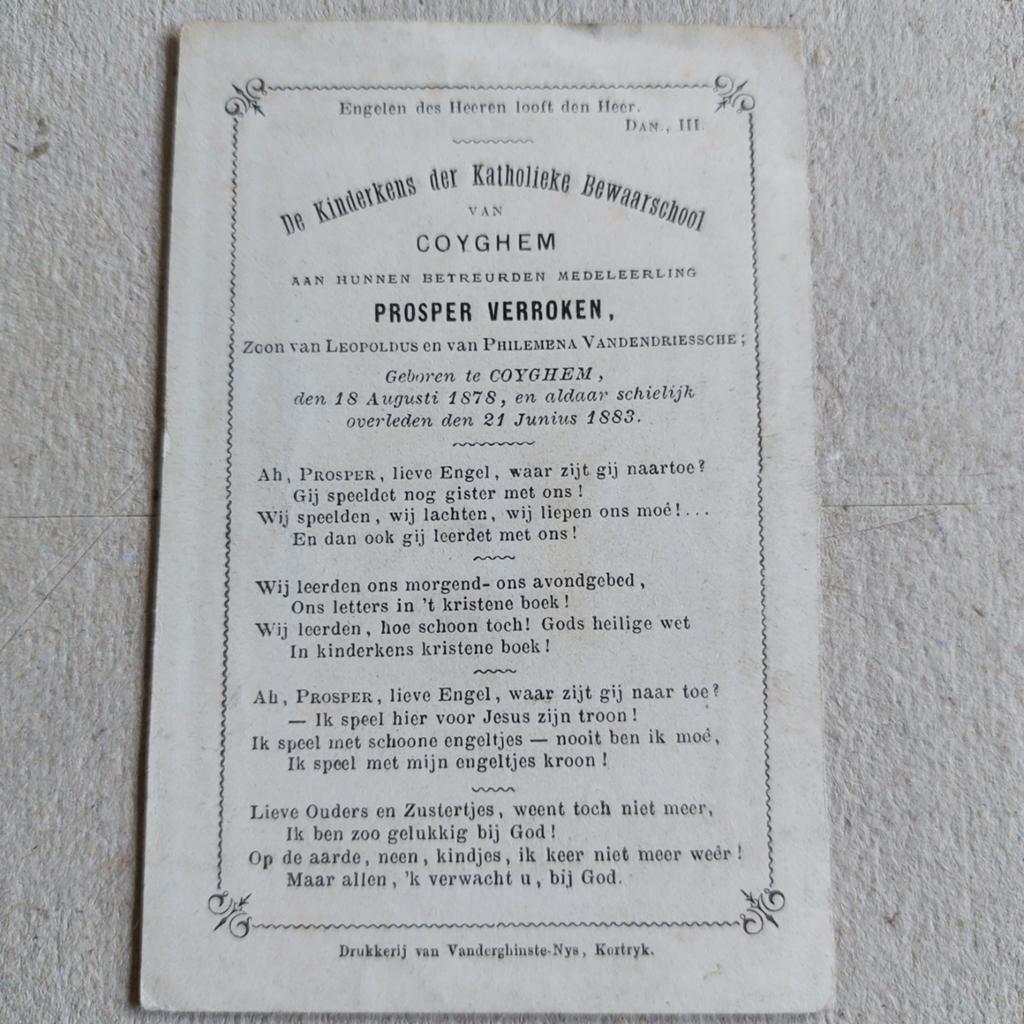 Oud doodsprentje Kooigem (1878-1883), Verzamelen, Bidprentjes en Rouwkaarten, Ophalen of Verzenden