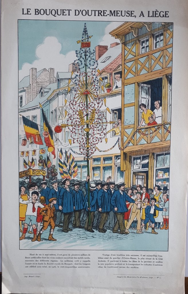 Rare litho ancien 50/32,5 cm BOUQUET D"OUTRE MEUSE A LIÈGE, Antiek en Kunst, Kunst | Litho's en Zeefdrukken, Lithografie, Personages en Fantasiefiguren