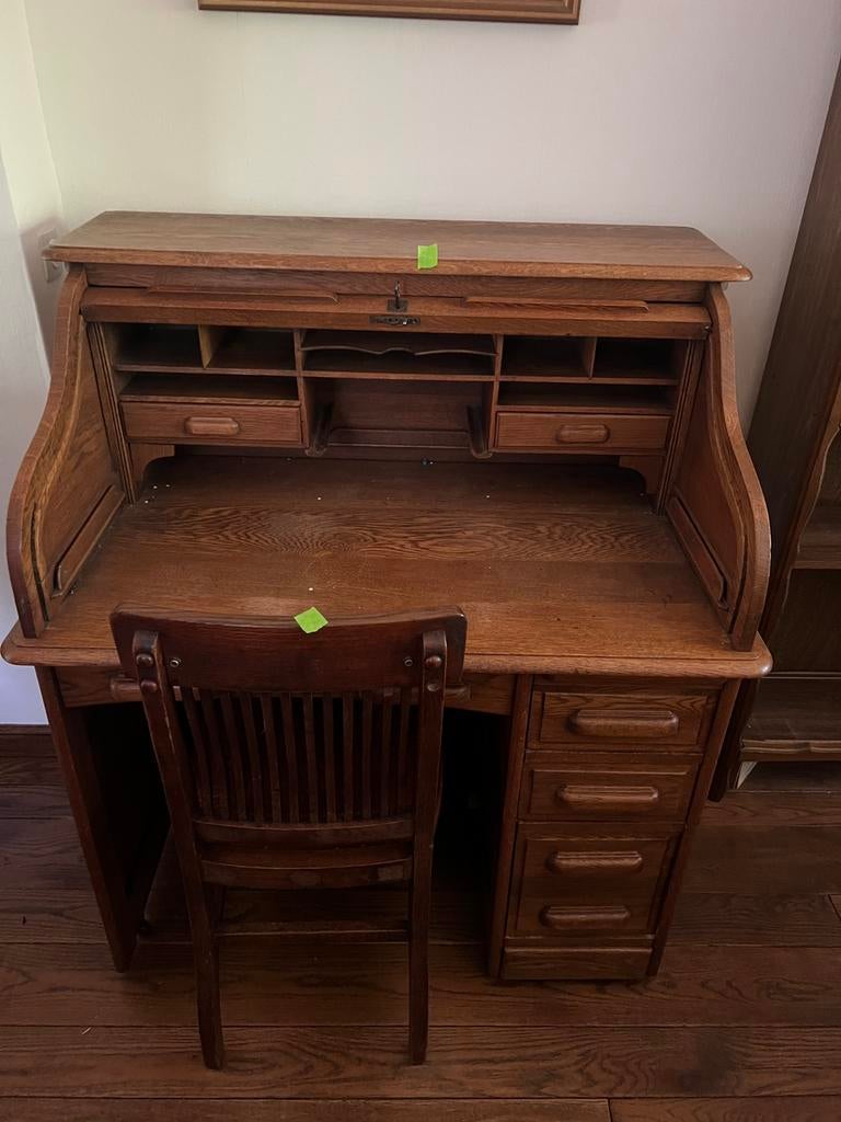 Antiek rolluikbureau/secretaire in massief eik - incl stoel, Huis en Inrichting, Kasten | Secretaires, Zo goed als nieuw, Ophalen