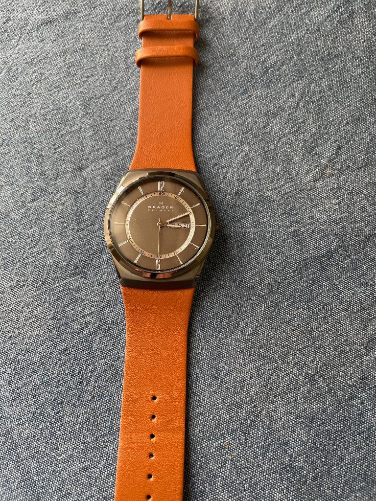 Horloge: Skagen (SKW6786), Leer, Staal, Polshorloge, Zo goed als nieuw