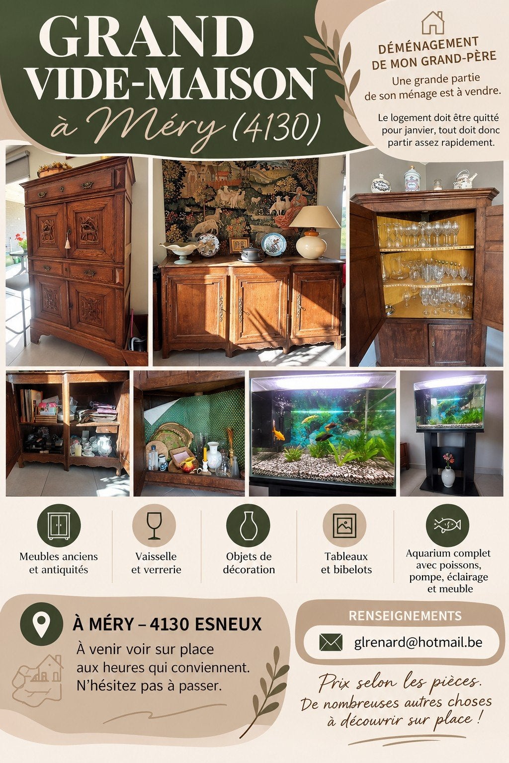 GRAND VIDE-MAISON À MÉRY (4130) – DÉMÉNAGEMENT, Antiquités & Art, Enlèvement
