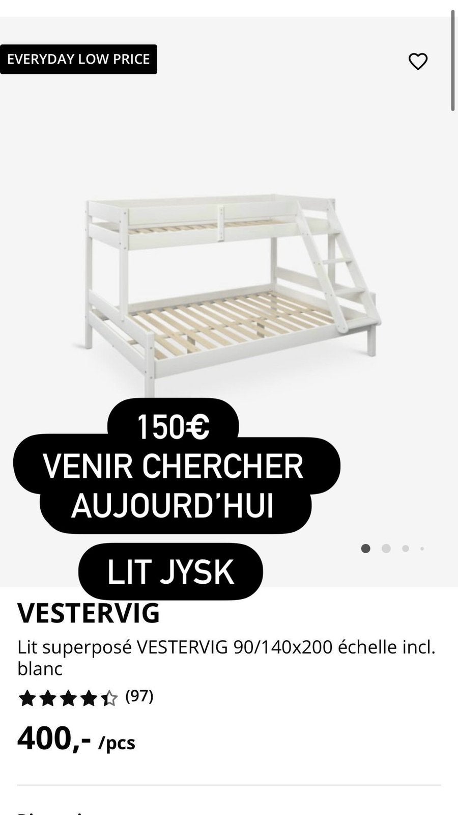 Lit superposé Jysk blanc vestervig, Maison & Meubles, Enlèvement, Utilisé, Lits superposés