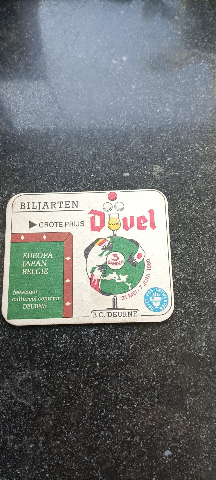 Oude bierviltje grote prijs Duvel biljarten 1980, Verzamelen, Ophalen of Verzenden, Duvel