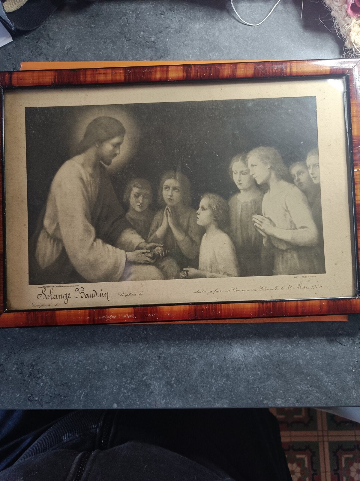 Ancien souvenir de communion de 1934 – Cadre vintage, Antiek en Kunst, Ophalen of Verzenden