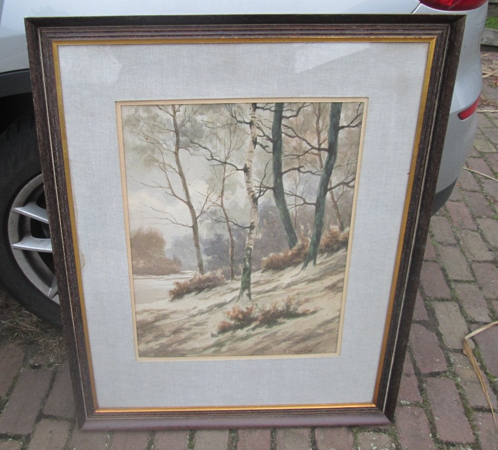 Aquarelle magnifiquement peinte « En hiver » - H Brouwers, Antiquités & Art, Enlèvement ou Envoi, Aquarelle, Encadré, Paysage