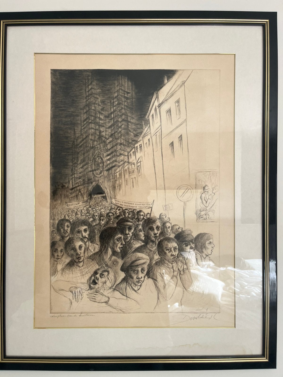 Gesigneerde kunstprent Devolder – Oostende – ingelijst, Antiek en Kunst, Ophalen of Verzenden, Ets, Gesigneerd