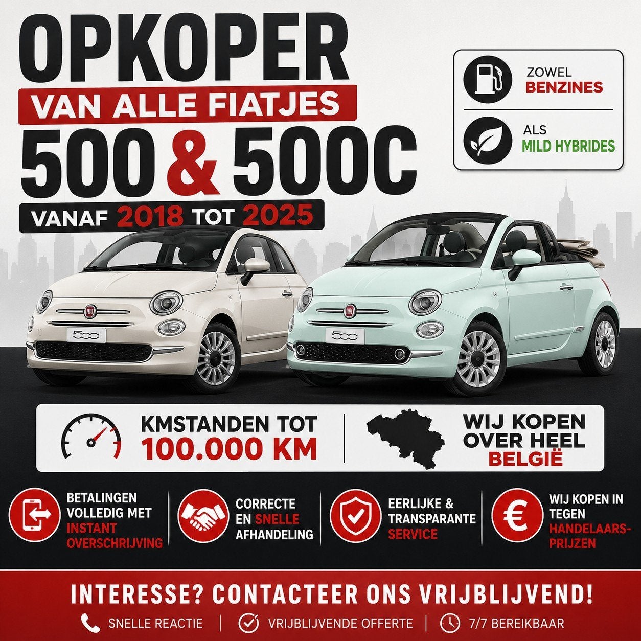 Opkoper gezocht? Wij kopen alle Fiat 500 & 500C (2018-2025), Auto diversen, Overige Auto diversen, Ophalen
