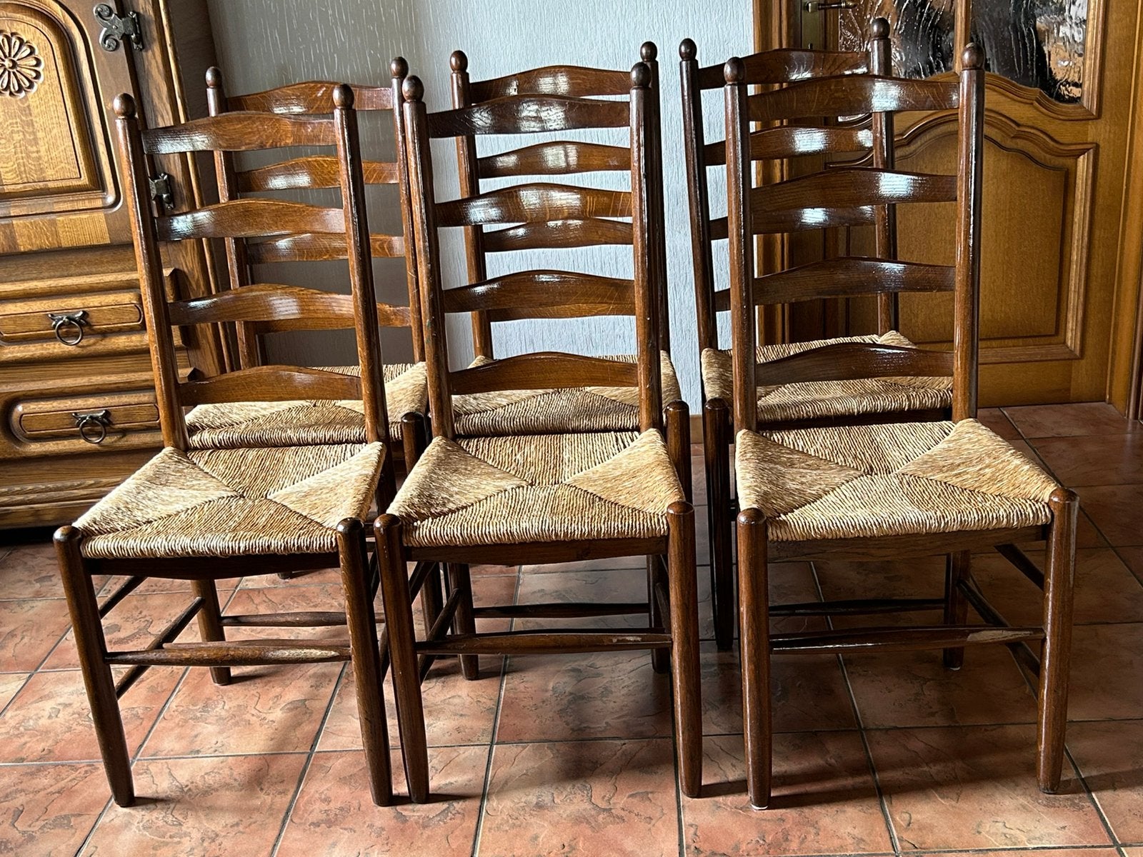 6 eiken stoelen met rietzitting, Huis en Inrichting, Stoelen, Ophalen