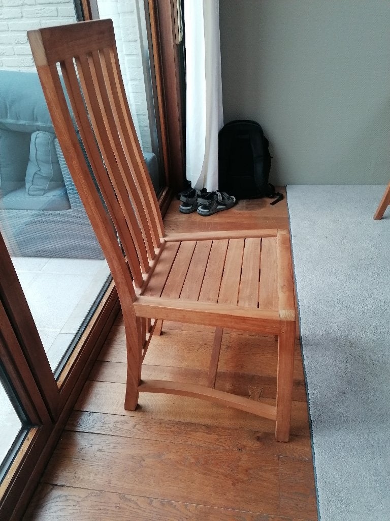 8 degelijke in teak houten stoelen, Ophalen, Bruin, Zo goed als nieuw, Vijf, Zes of meer stoelen