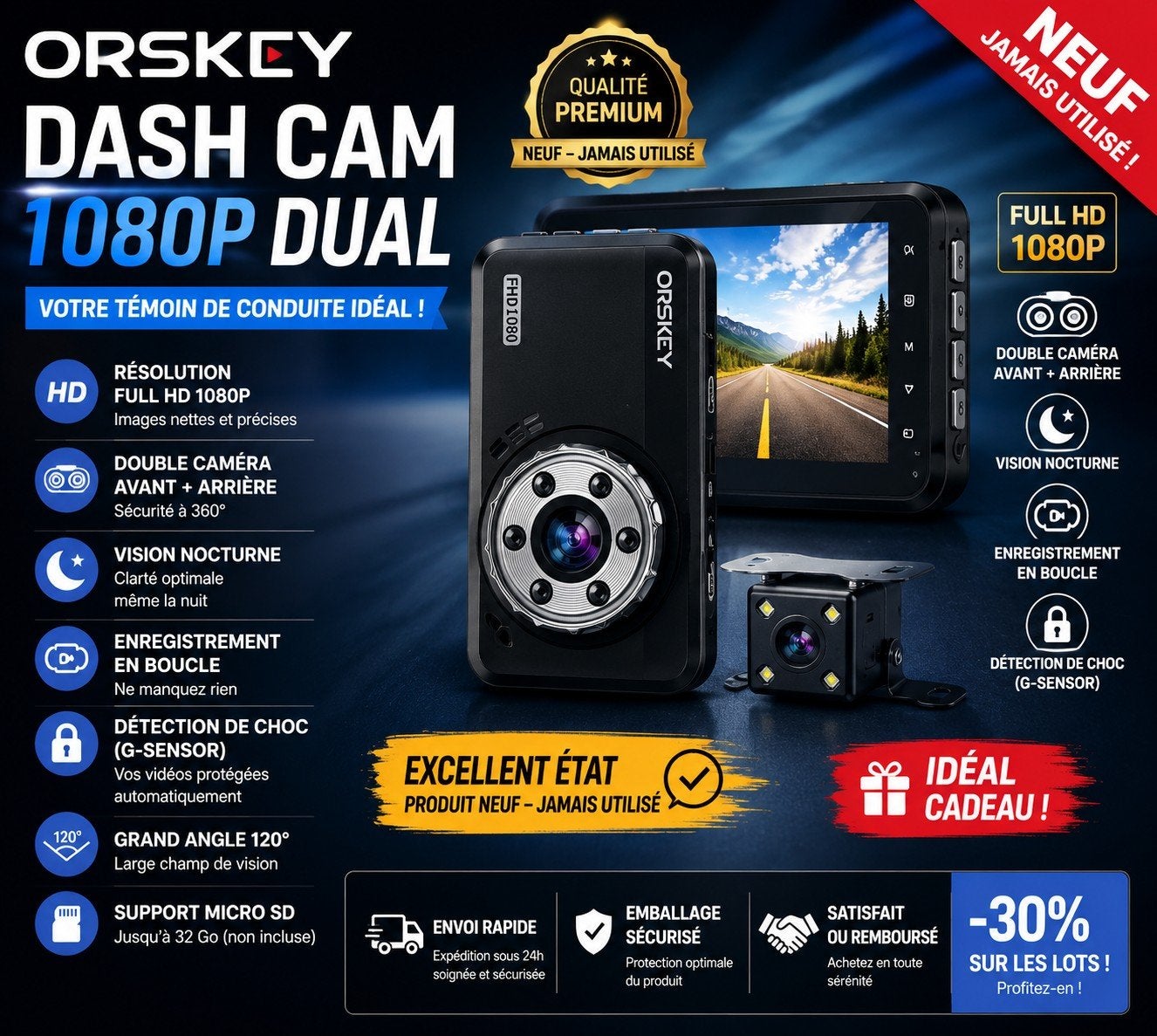 Dashcam ORSKEY S800 neuve, jamais utilisée., Enlèvement ou Envoi