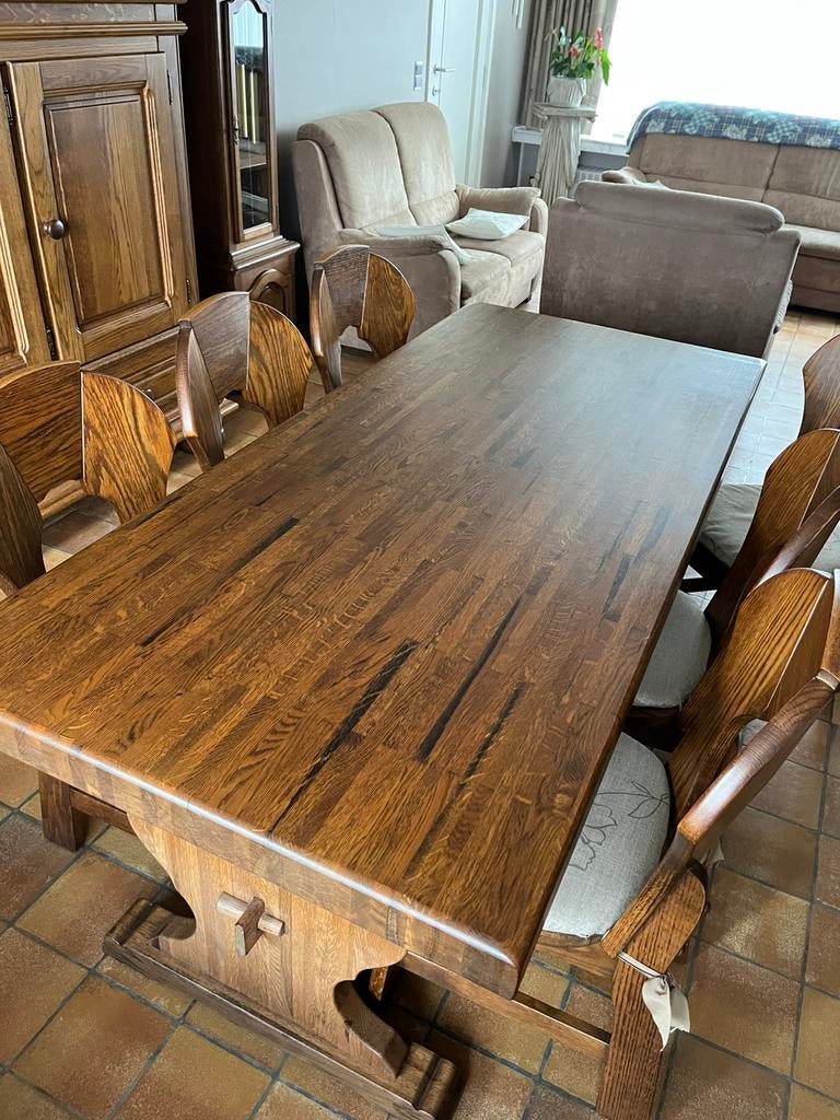 Massief eiken eettafel met stoelen, Huis en Inrichting, Complete eetkamers, Ophalen, Gebruikt, 4 tot 6 stoelen