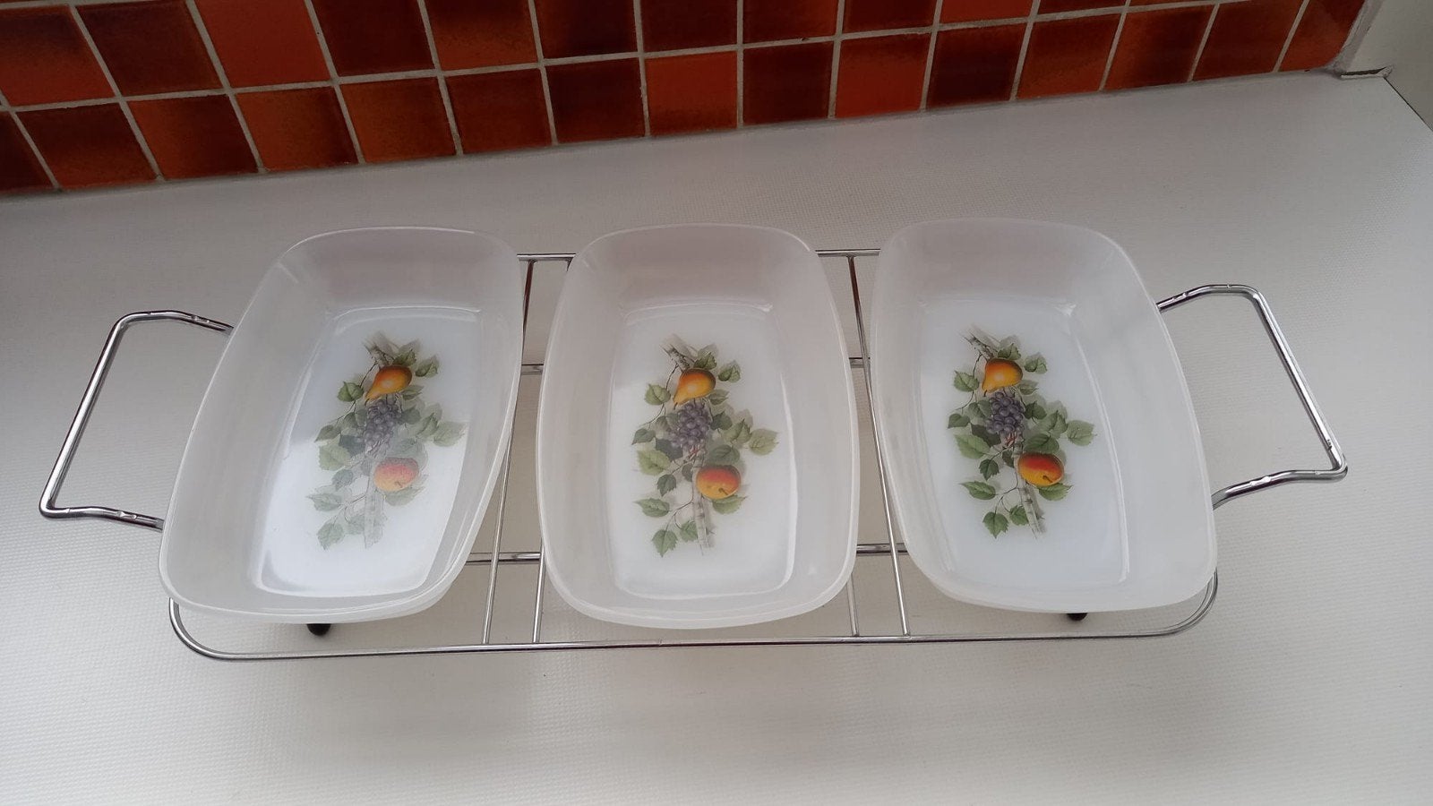 Arcopal 1966 vintage ovenschaaltjes met rek, Huis en Inrichting, Overige typen, Ophalen, Zo goed als nieuw, Glas