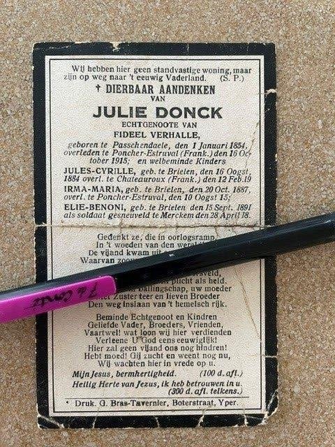 4 victimes  guerre : famille Verhalle-Donck, soldat Verhalle, Collections, Enlèvement ou Envoi, Image pieuse