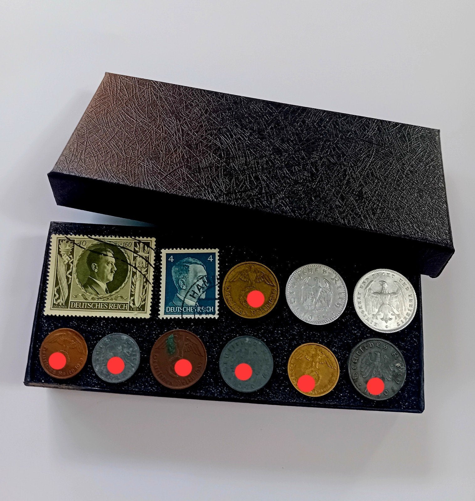 WO2 Duitse Munten Set 9x Reichspfennig + 2x Zegel Luxe doos!, Ophalen of Verzenden, Overige soorten, Overige typen