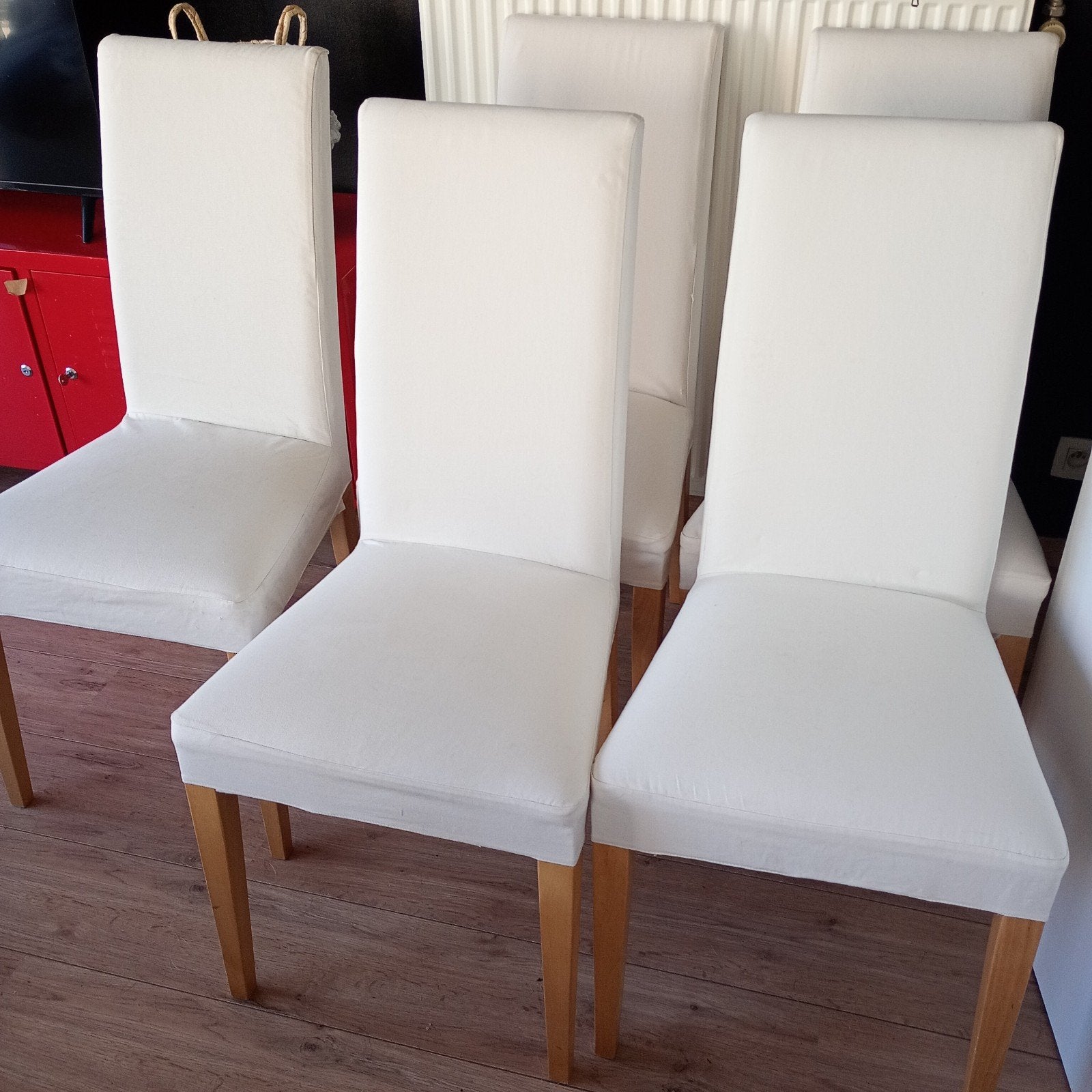 5 stoelen met afneem/wasbare stoffen hoezen, samen 50€, Ophalen