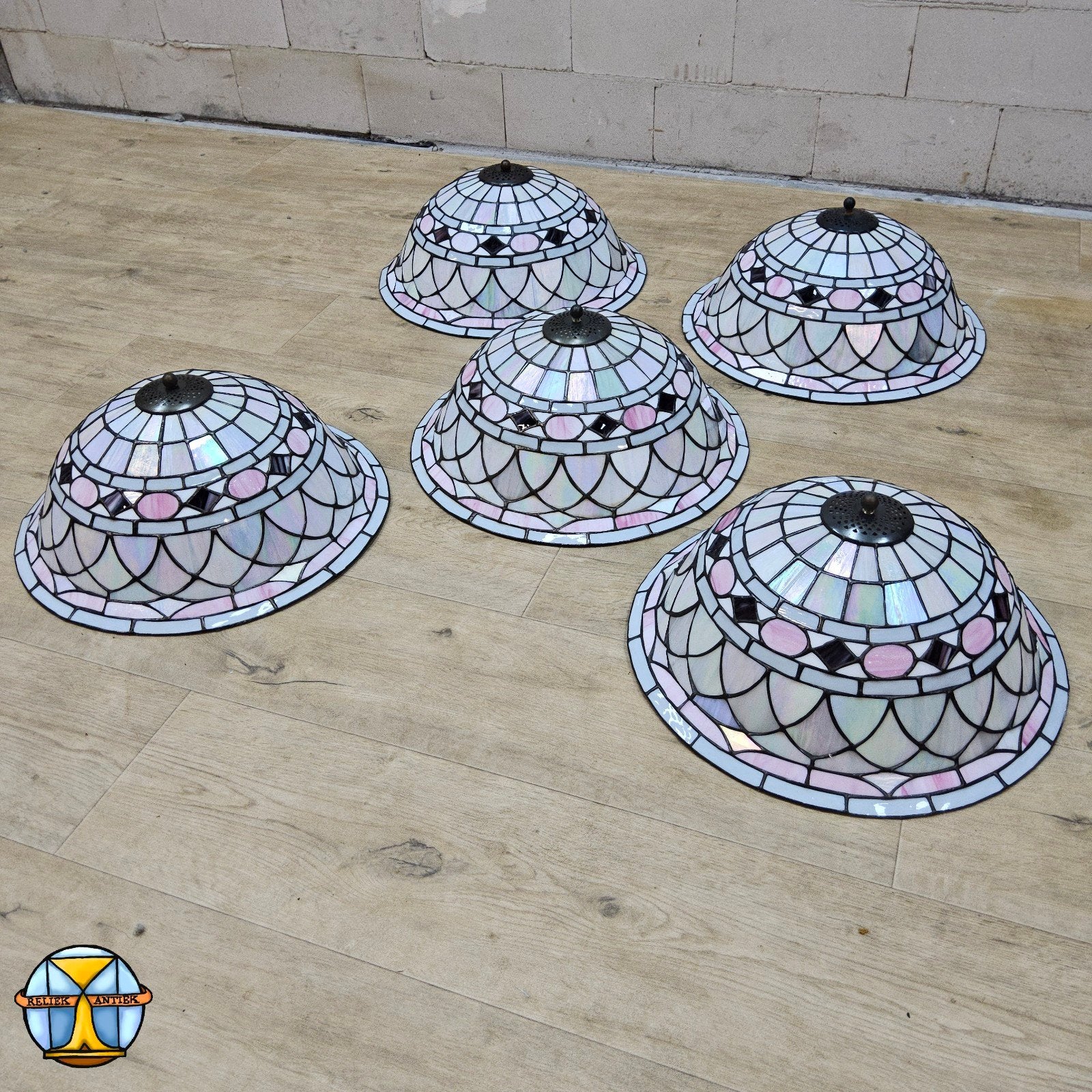 Ensemble de 5 plafonniers Tiffany vintage, lampe de plafond,, Enlèvement ou Envoi, Vintage, 42 cm, Verre