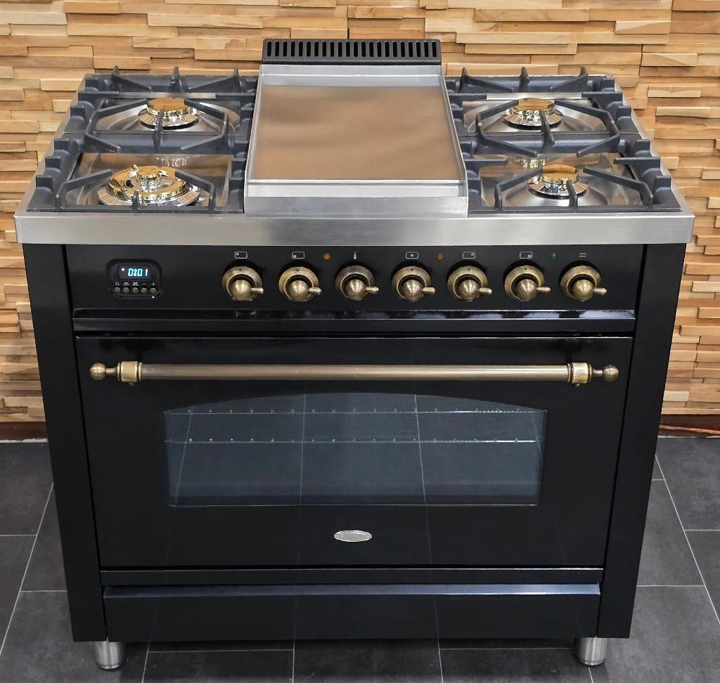 🔥Luxe Fornuis Boretti 90cm hoogglans zwart + oud koper, Ophalen, 60 cm of meer, Zo goed als nieuw, Gas