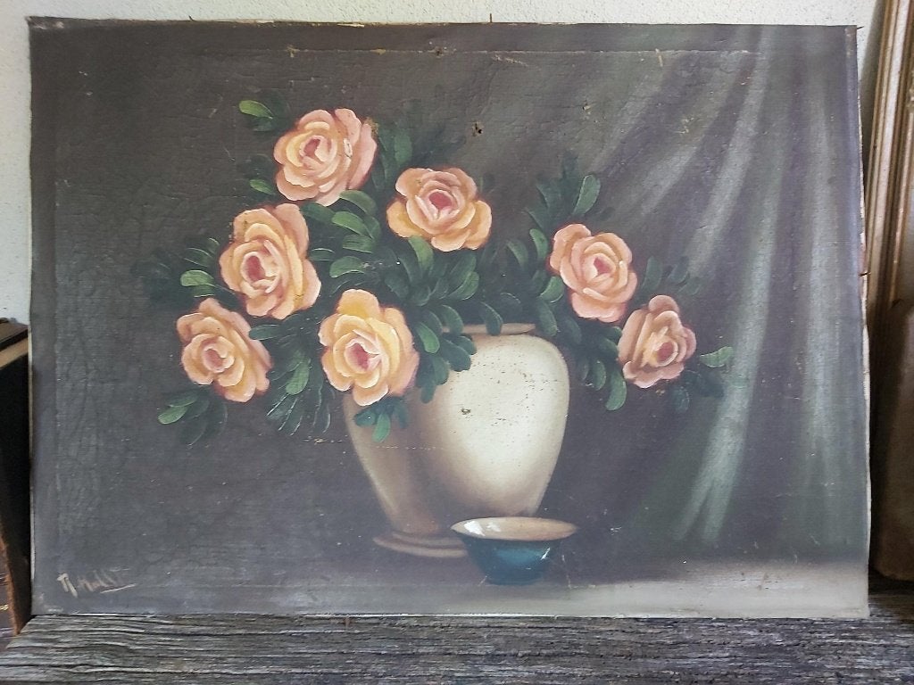 Mooi groot oud bloemen / rozen schilderij op doek 1923, Ophalen of Verzenden