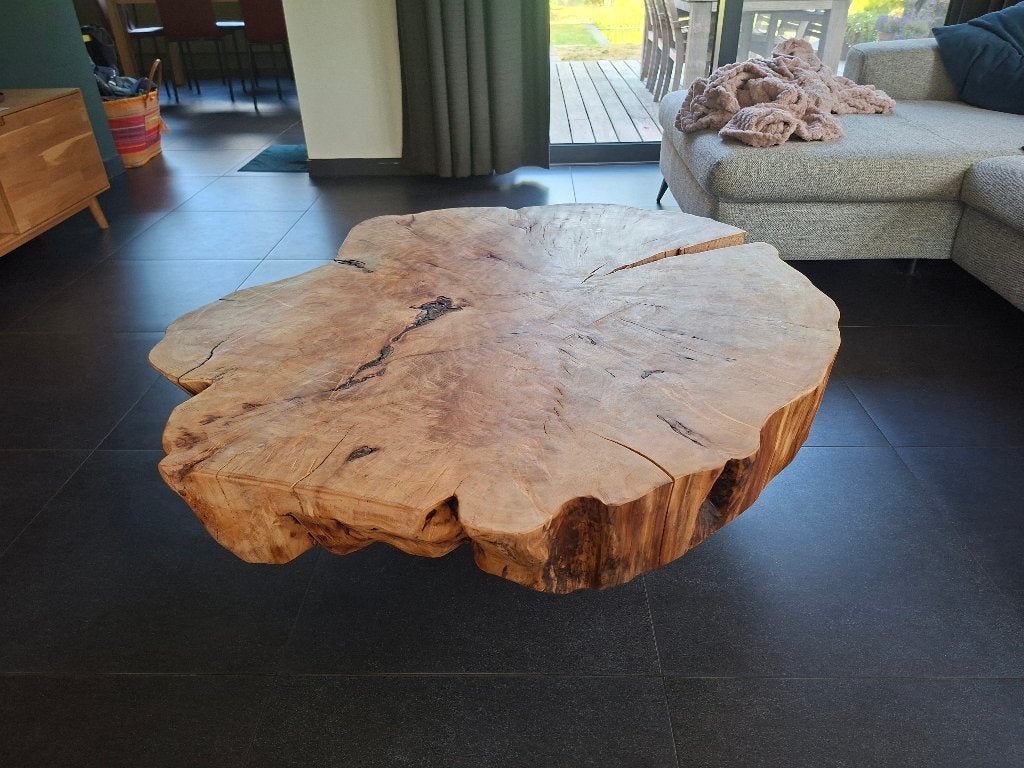 Grote boomschijf salontafel te koop, Neuf, 100 à 150 cm, Rustiek landelijk, Enlèvement