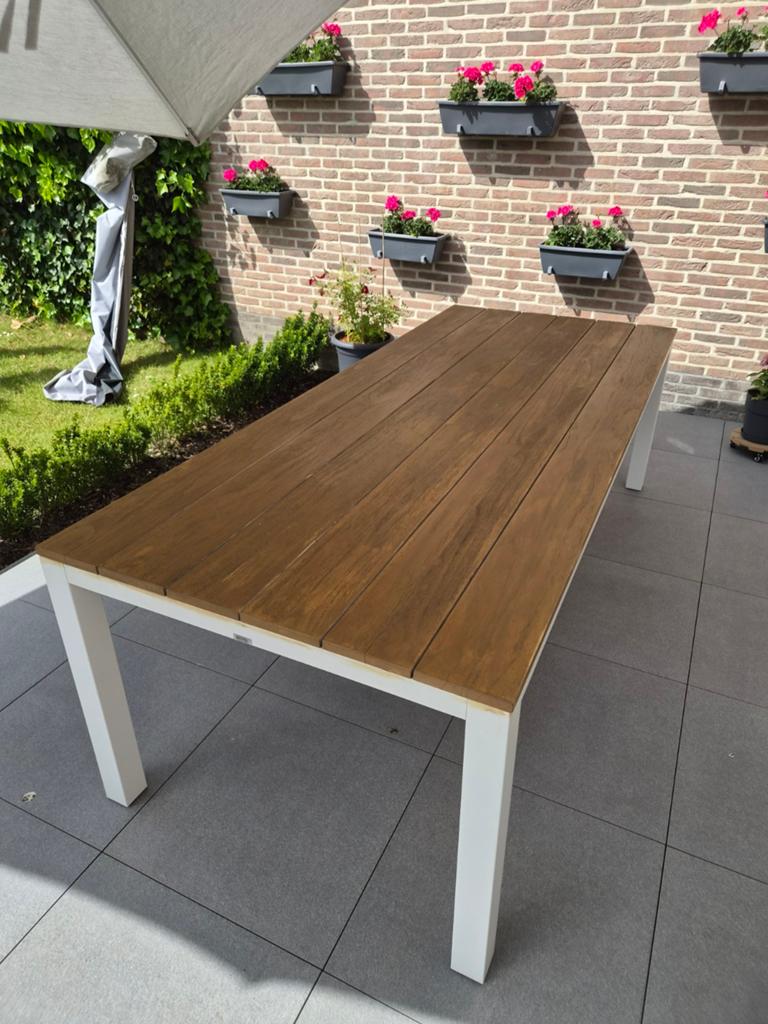 Tuintafel aluminium/teak, Tuin en Terras, Ophalen, Gebruikt, Rechthoekig, Teakhout