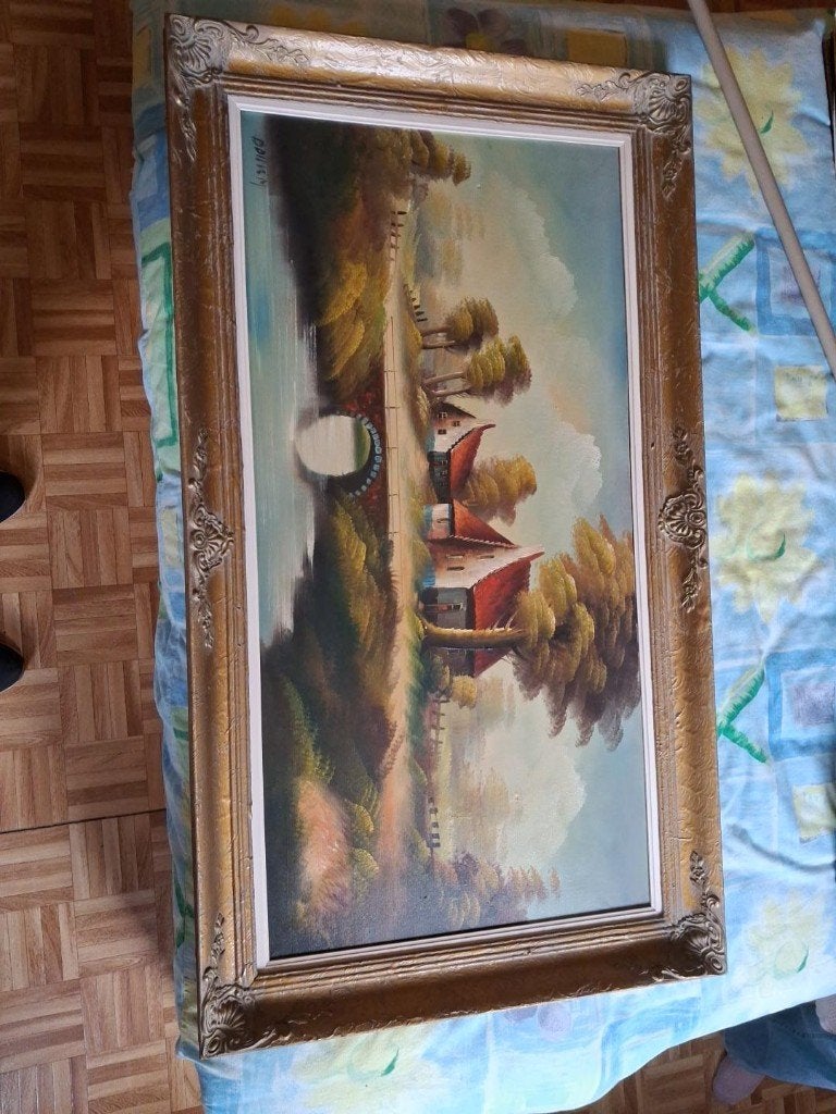 Groot vintage landschapsschilderij op doek – gesigneerd, Antiek en Kunst, Ophalen, Doek, Gesigneerd, Landschap