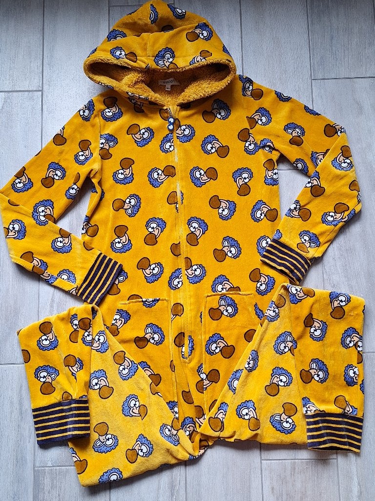 ★ M164 - Woody onesie velours thema dodo, Nacht- of Onderkleding, Ophalen of Verzenden, Zo goed als nieuw, Jongen