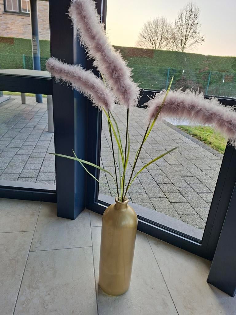 Glazen vaas met pluimen. Hoogte 40cm., Ophalen