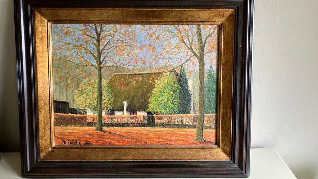 Schilderij van kunstschilder M Engels hoeventje met bomen, Antiek en Kunst, Ophalen