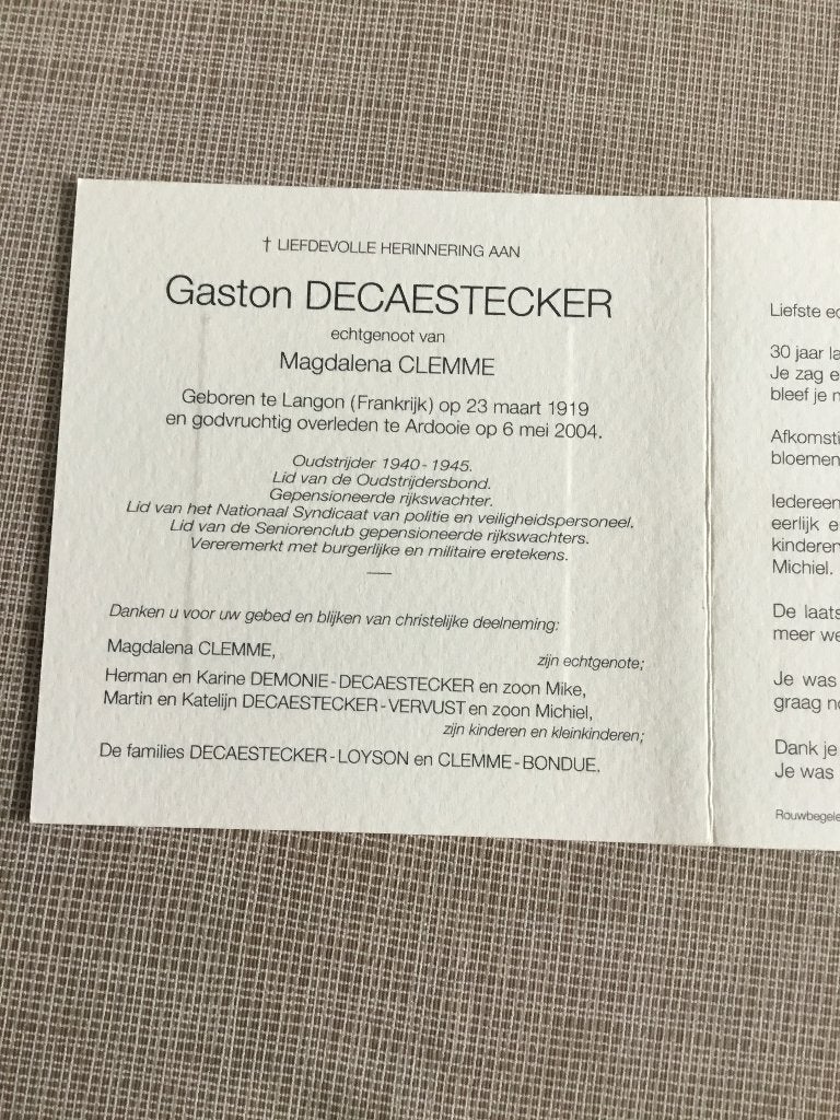 Rijkswachter Decaestecker +Ardooie   M.Clemme, Verzamelen, Ophalen of Verzenden, Bidprentje