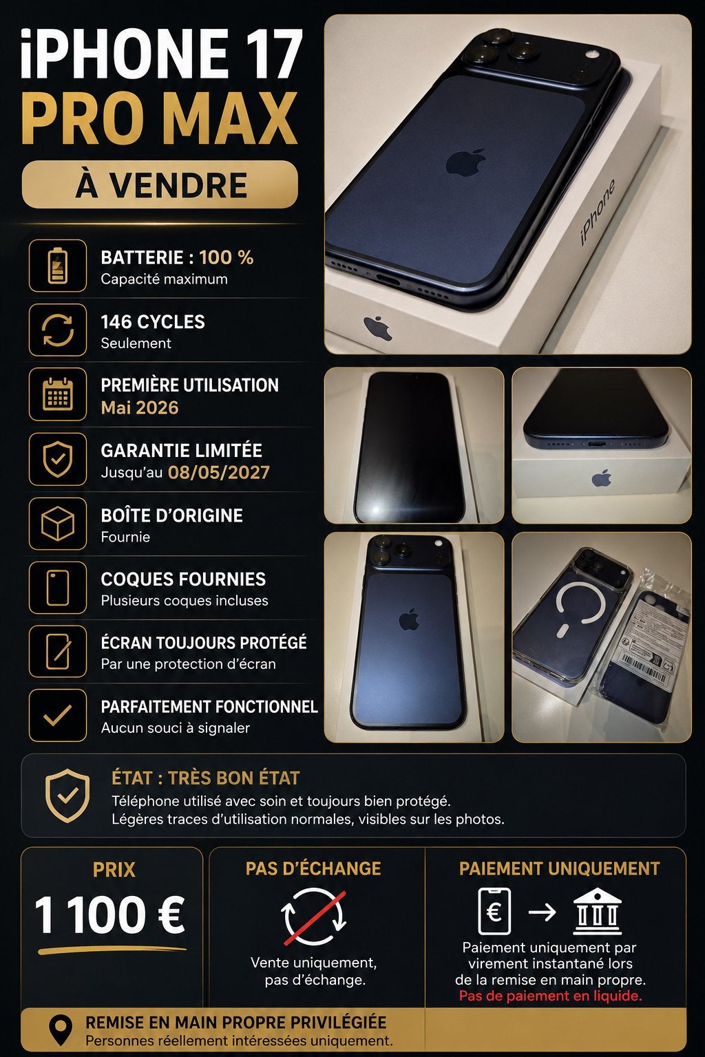 Iphone 17 pro max 256gb garantie !!!, 256 GB, Autres modèles, Comme neuf, Enlèvement