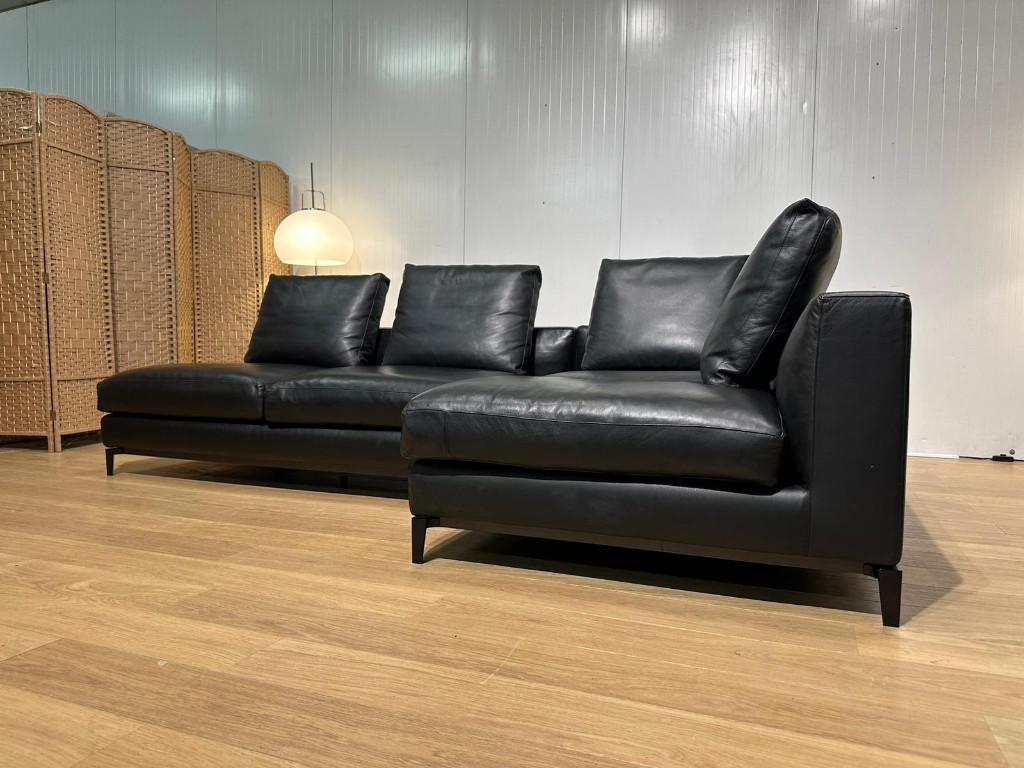 TBE Minotti Andersen canapé d’angle cuir noir – PN: 27.500€, Quatre personnes ou plus, Comme neuf, Bankstel Bank Zetels Sofa Hoekbank Design bank