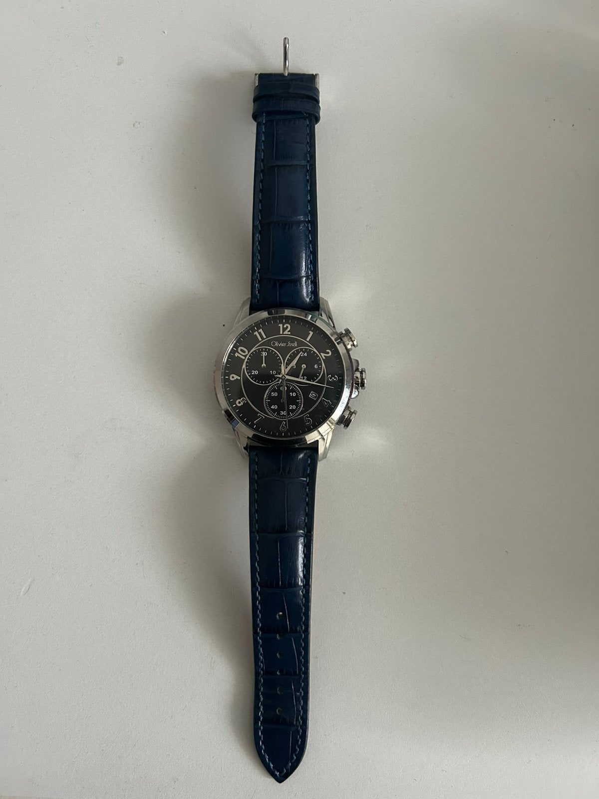 Montre Olivier Strelli pour homme — bracelet en cuir bleu, Enlèvement ou Envoi, Comme neuf, Montre-bracelet, Cuir