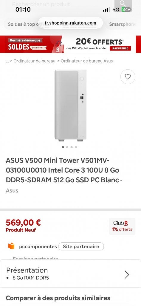 ASUS V500 Mini Tower V501MV-03100U0010 Intel Core 3, Informatique & Logiciels, Ordinateurs de bureau, Neuf, Asus, 8 GB, 512 GB