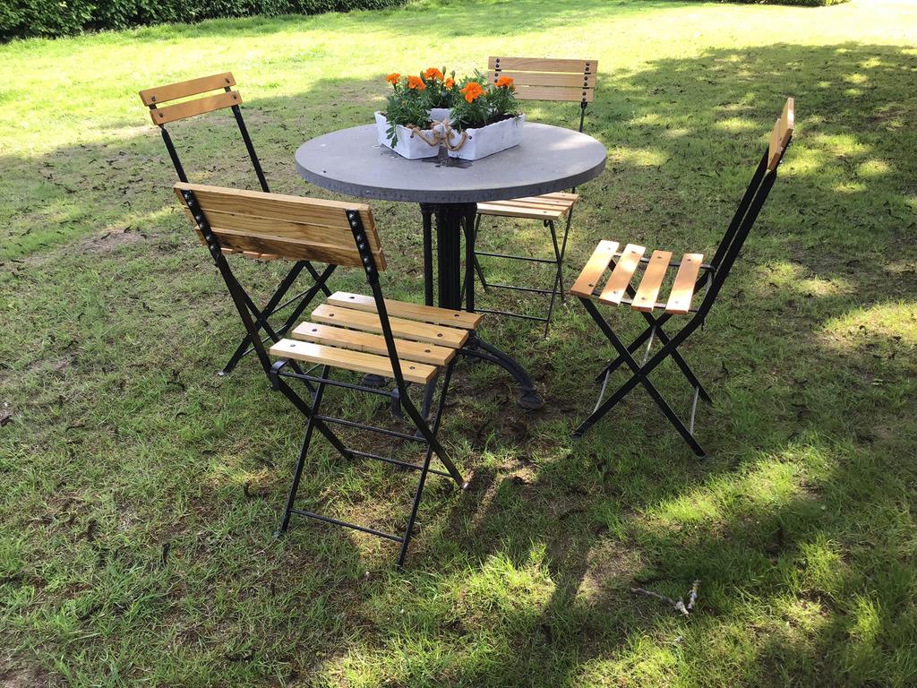 Tuintafel met blauw arduin blad en stoelen, Ophalen, Zo goed als nieuw