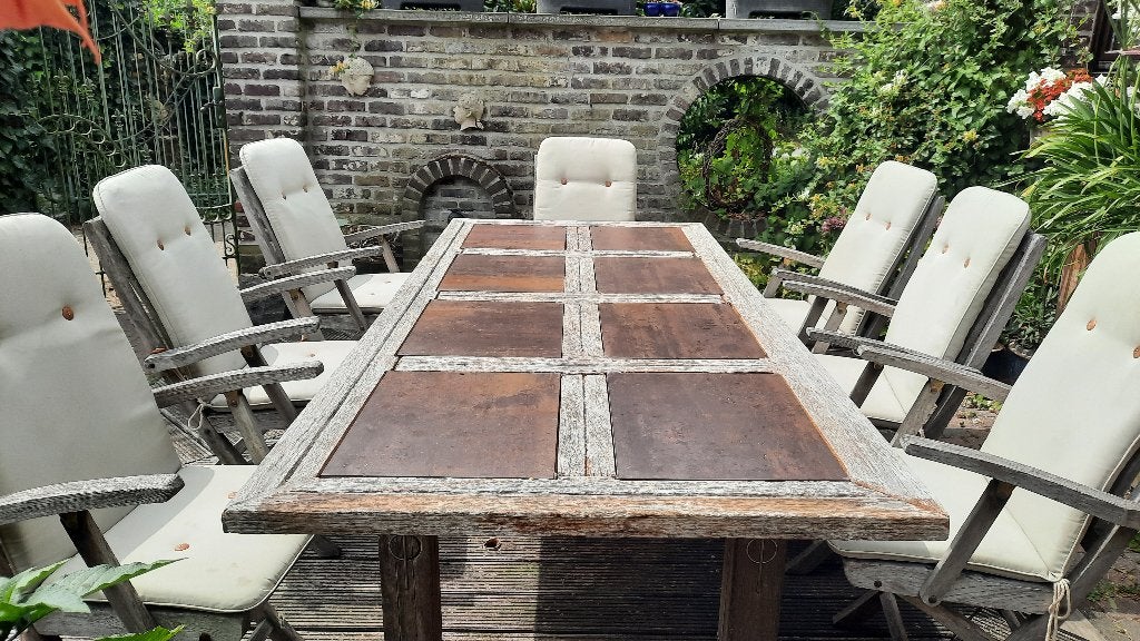 Terrastafel en stoelen, Jardin & Terrasse, Tables de jardin, Enlèvement, Utilisé, Rectangulaire, Bois de teck
